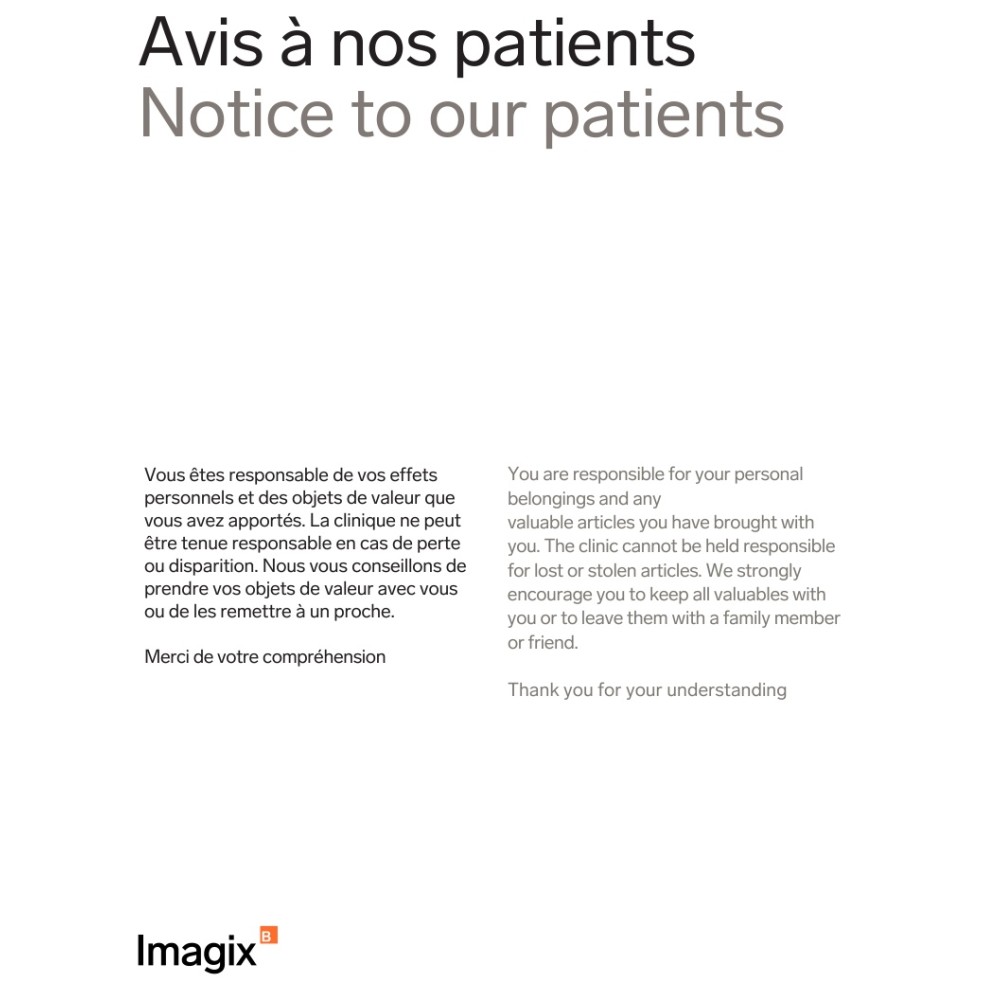 Affiche responsabilité pertes et vol patients Imagix