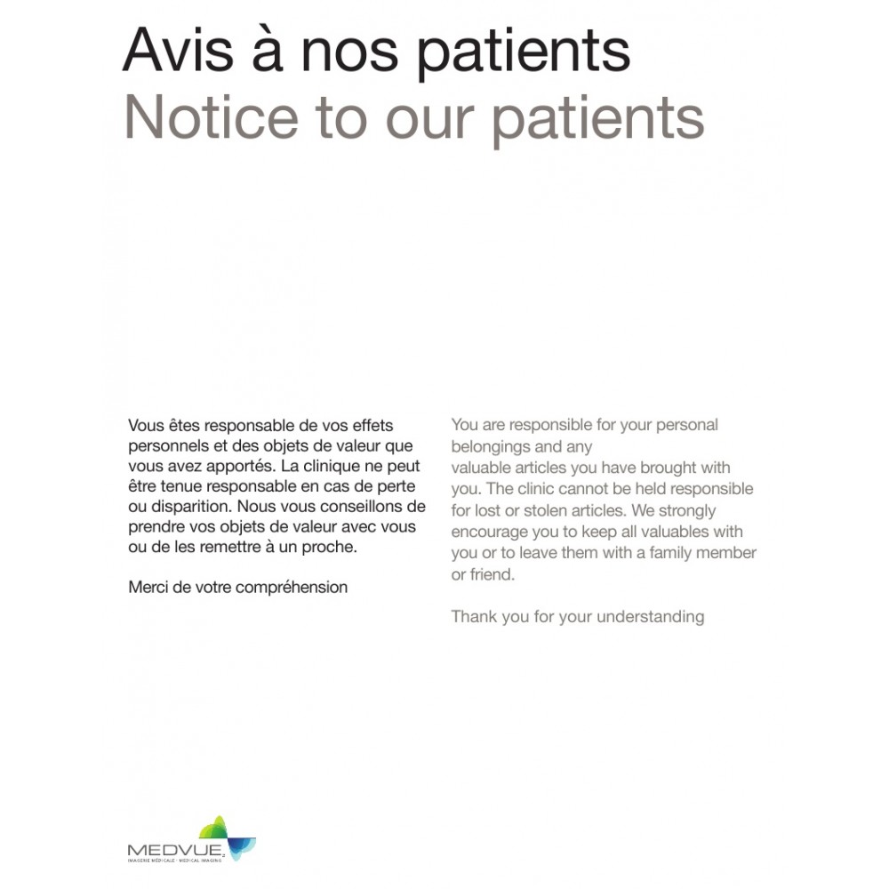 Affiche responsabilité pertes et vol patients Medvue