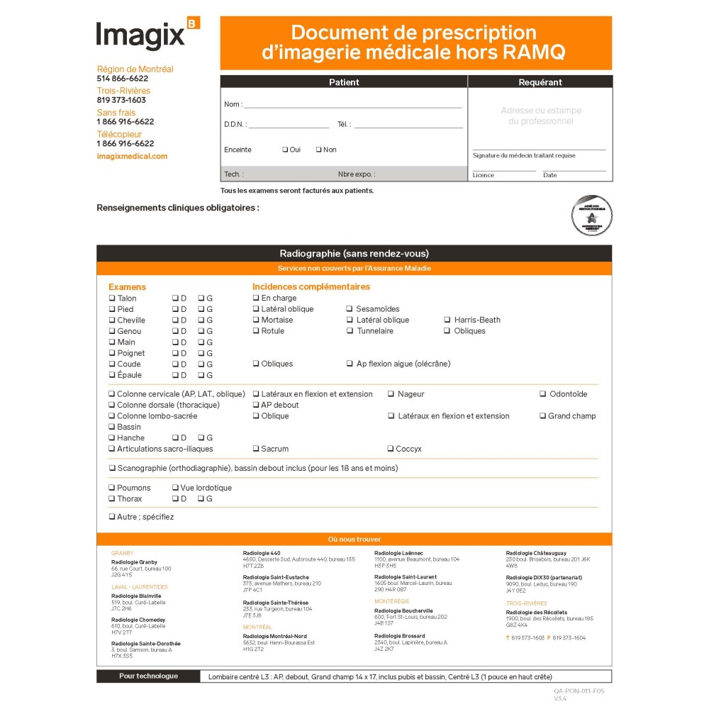 Ordonnance IMAGIX Hors RAMQ Française (Pad de 50 feuilles)